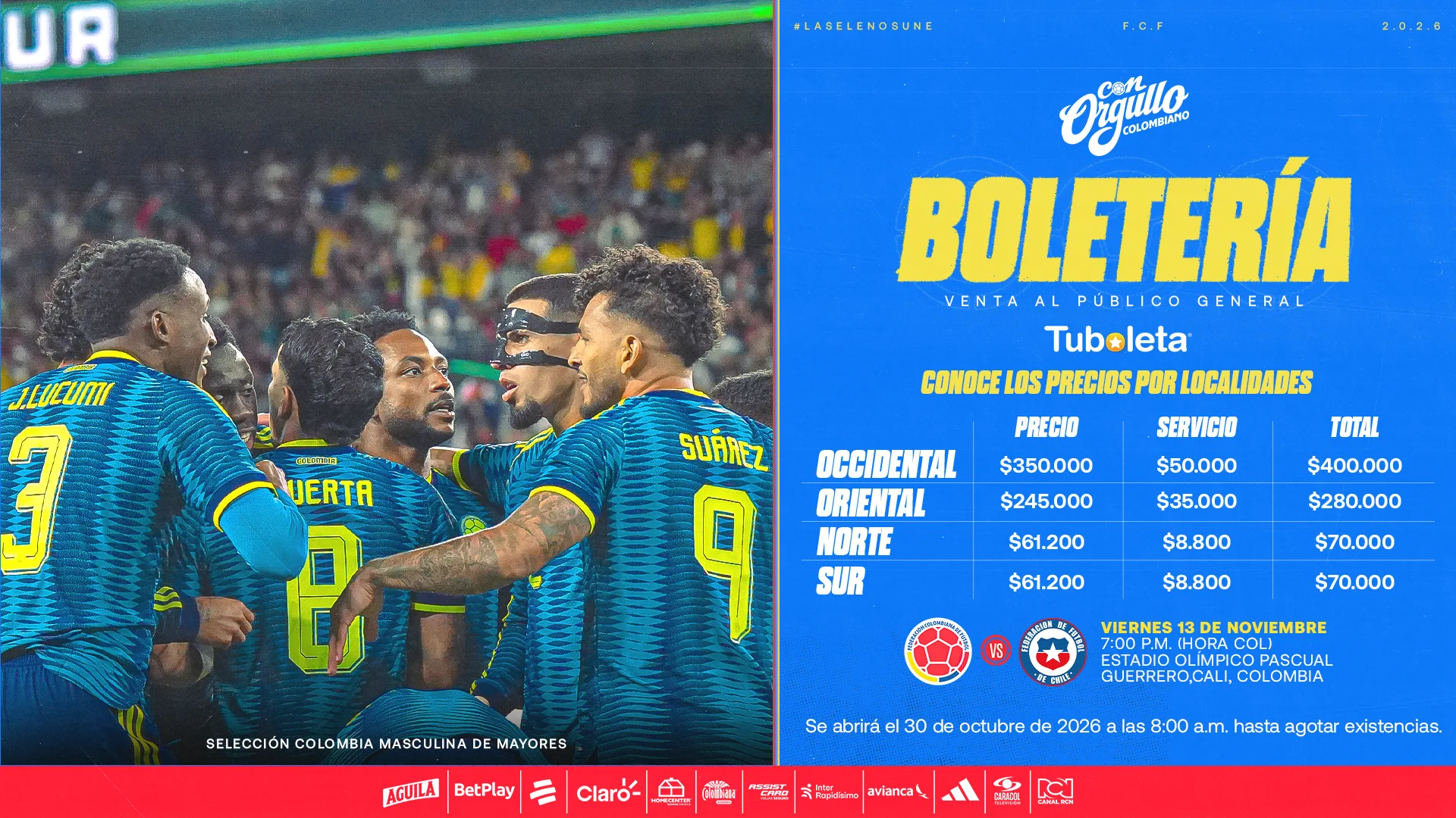 Boletería Colombia vs Chile. Venta al público general. Viernes 13 de noviembre, 7:00 p.m., Estadio Olímpico Pascual Guerrero, Cali.