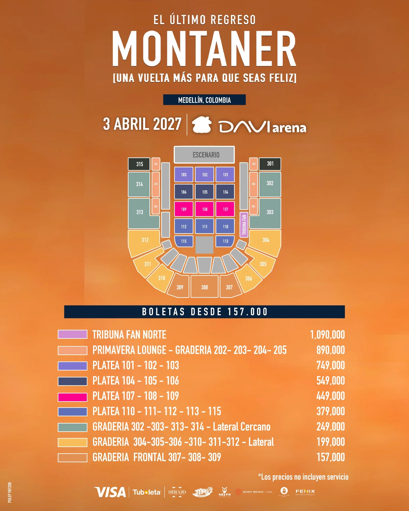 Plano de DAVIarena con las localidades y precios (sin servicio) para Ricardo Montaner, El Último Regreso. Sábado 3 de abril de 2027.