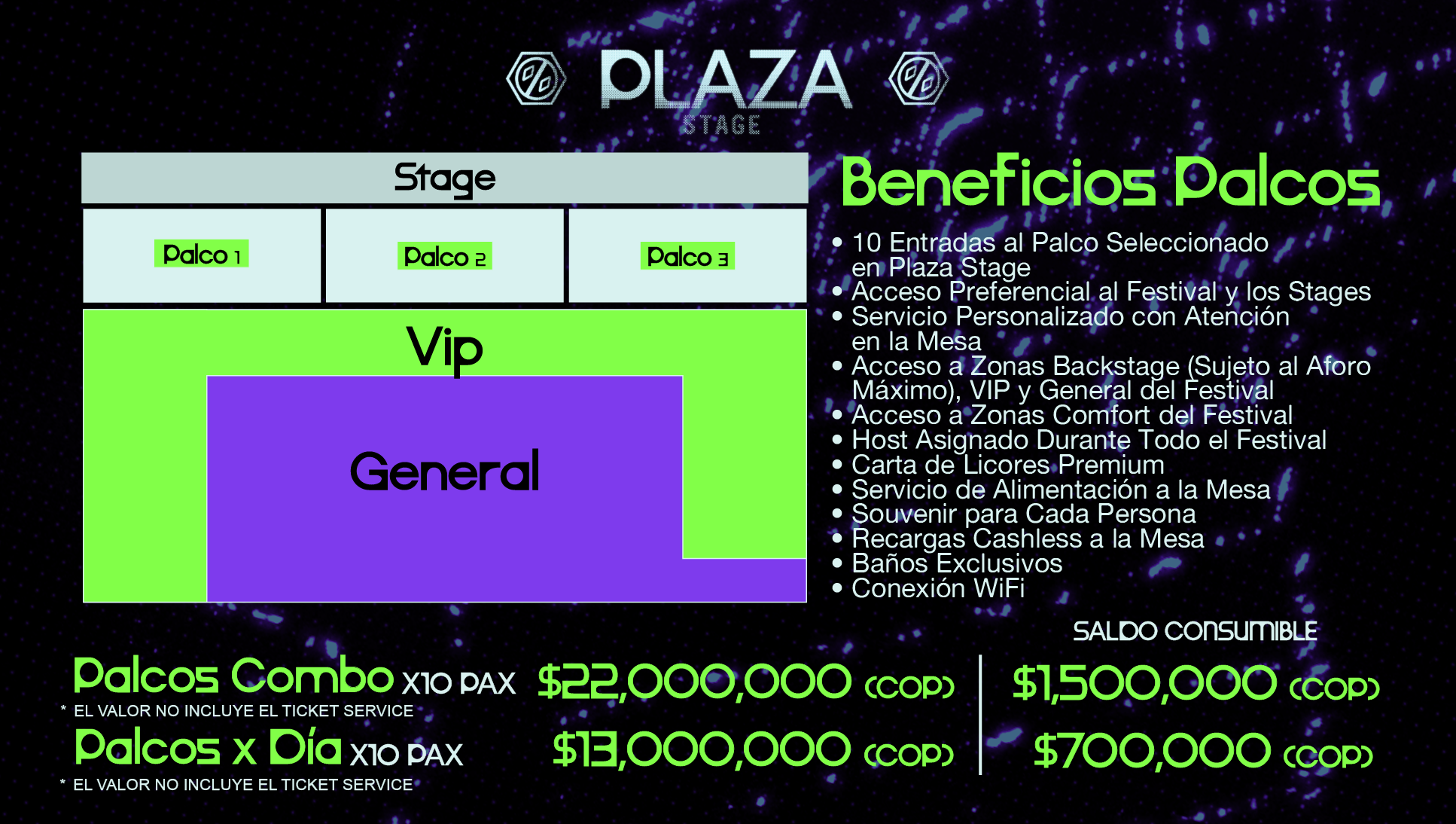 Plano de los palcos de Plaza Stage y beneficios incluidos