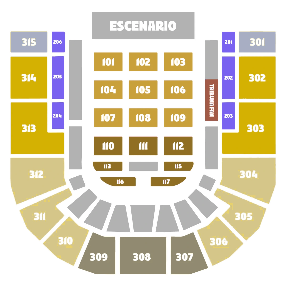 Plano del DAVIarena: escenario al norte; platea 101 a 117 al centro; Tribuna Fan a la derecha; Primavera Lounge a los lados; piso 3 con los sectores 301 a 315 por color.